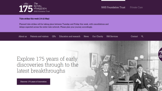 Website header with a purple background, showcasing a 175-year anniversary theme and a call to action.