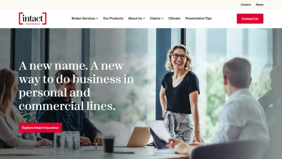 Homepage featuring a woman in an office, promoting business services with a tagline about personal and commercial lines.