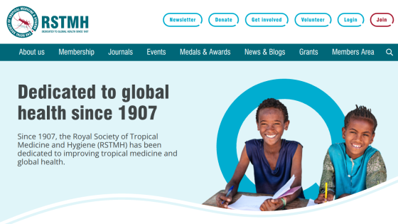Royal Society of Tropical Medicine and Hygiene homepage with mission statement and smiling children