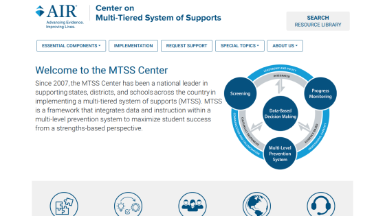 Homepage of the MTSS Center with a welcome message and key support components.