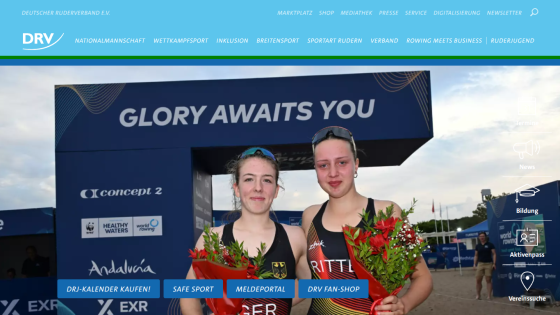 German rowing association homepage with navigation and hero image of two female rowers holding flowers under a banner reading 'Glory Awaits You'