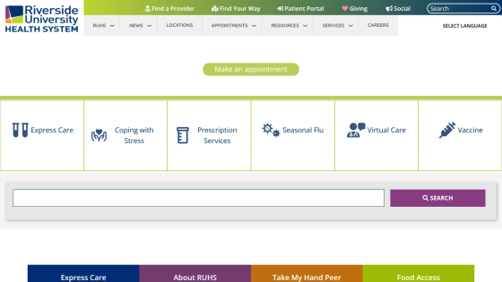 Riverside University Health System homepage with navigation menu, appointment button, care options, and search bar