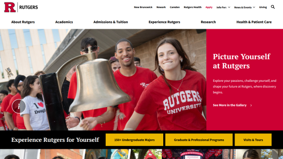 Rutgers University homepage featuring students and a bell, with a call to action to picture yourself at Rutgers.