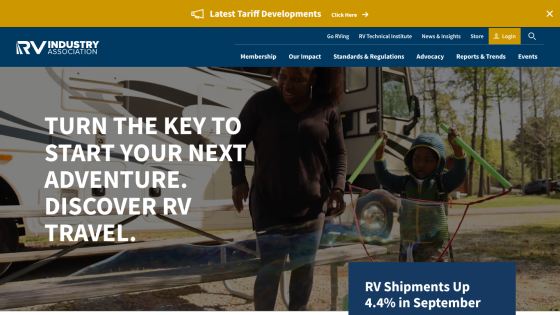 RV Industry Association homepage with navigation, announcement banner, and hero text promoting RV travel and shipment growth.