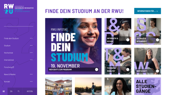 University homepage promoting study programs with event info and categories like Informatics, Design, Health, Mobility, and Economy