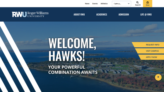 Homepage of Roger Williams University welcoming visitors with a scenic background.
