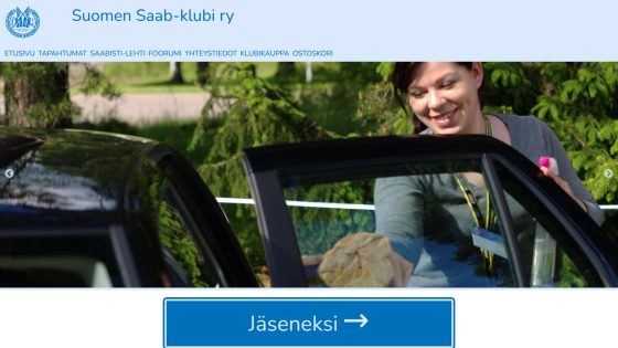 Suomen Saab-klubi ry website with navigation links and a smiling woman opening a car door, membership button visible