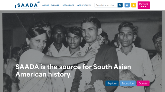 SAADA homepage highlighting South Asian American history with navigation and call-to-action buttons
