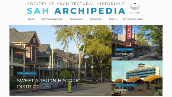 Homepage of SAH Archipedia featuring Sweet Auburn Historic District with navigation and search options