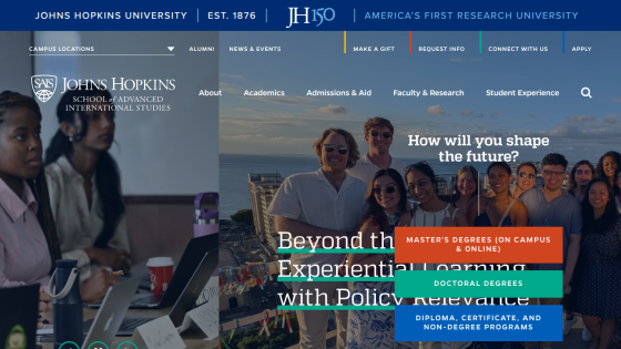 Johns Hopkins SAIS homepage with navigation and call to action for master's, doctoral, and certificate programs