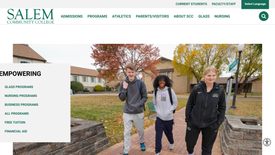 Salem Community College homepage featuring students walking on campus with navigation menu.