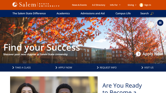 Salem State University homepage featuring a call to action for applications and success.