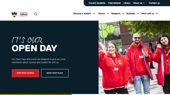 Open Day announcement with options to find courses and book a place.