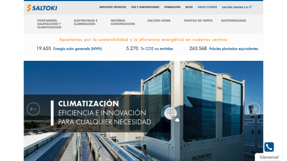 Homepage of Saltoki featuring climate control solutions and key statistics.