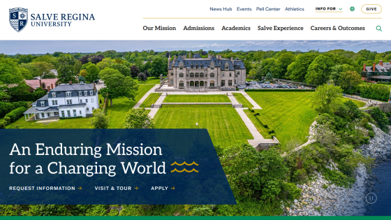 Salve Regina University homepage featuring a mansion and the tagline about its mission.