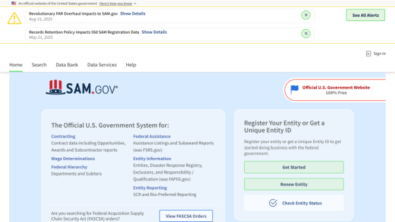 Official U.S. Government System for Award Management homepage with registration options.