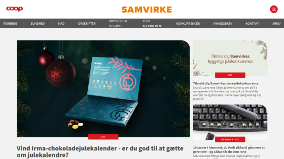 Samvirke website showing a chocolate advent calendar contest and a Christmas competition signup with navigation menu