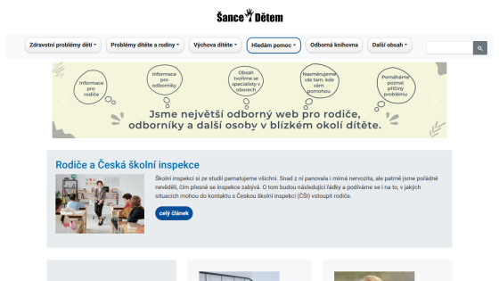 Šance Dětem website with navigation menu and hero section describing it as the largest expert web for parents, specialists, and others around the child