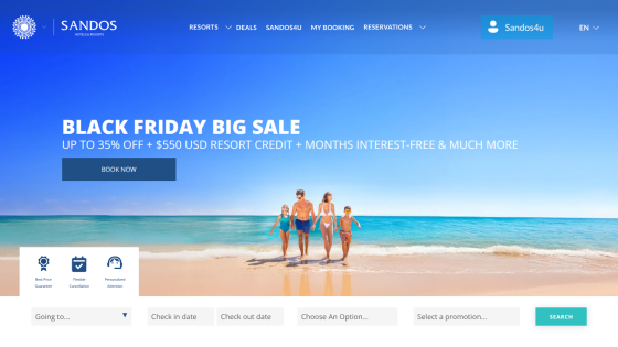 Beach resort homepage with Black Friday sale banner offering up to 35% off and $550 USD resort credit, showing family on beach
