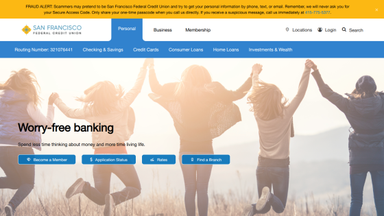 Homepage of a bank promoting worry-free banking with a cheerful group of people.