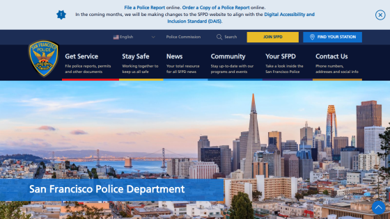 San Francisco Police Department website with navigation menu and city skyline background