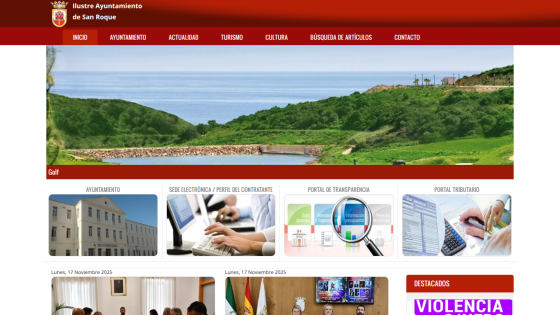 Municipality website of San Roque with navigation menu, hero image of golf course, and sections for Ayuntamiento, electronic office, transparency, and tax portal.