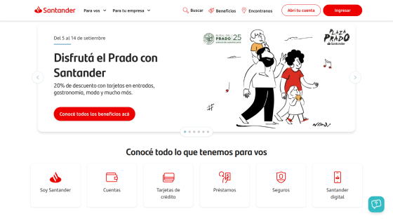 Santander homepage featuring a promotion for the Prado with navigation options below.