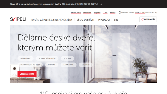 Website selling Czech doors with navigation, hero text about trusted doors, and a door image in a modern interior
