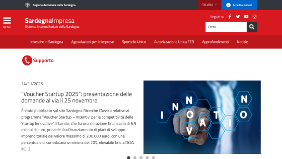 Sardegnalmpresa website showing startup voucher announcement and innovation-themed image