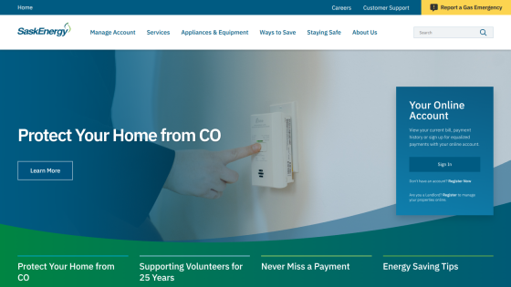 SaskEnergy homepage with navigation, a safety message about protecting your home from CO, and online account sign-in panel