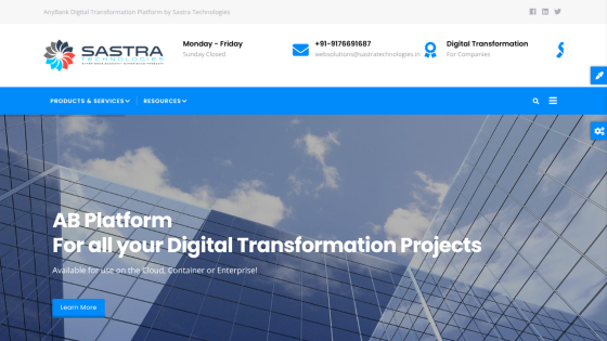 Homepage of SASTRA Technologies showcasing AB Platform for digital transformation.