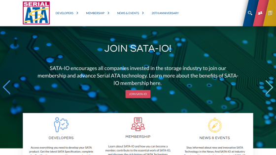 SATA ecosystem overview with navigation links for Developers, Membership, News & Events, and 20th Anniversary