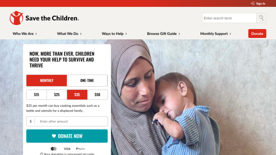 Save the Children homepage featuring a mother and child with donation options.