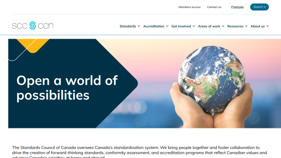 Standards Council of Canada homepage with navigation and hero text 'Open a world of possibilities' alongside hands holding a globe
