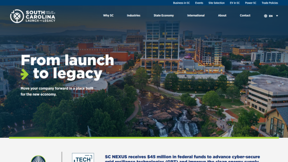 South Carolina Dept. of Commerce homepage with cityscape background and text promoting economic growth