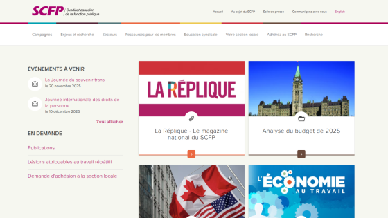 SCFP homepage with upcoming events, magazine La Réplique, 2025 budget analysis, and union resources in French.