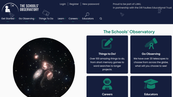 The Schools' Observatory homepage with navigation links and sections for Things to Do, Go Observing, Careers, and Educators alongside a galaxy image.