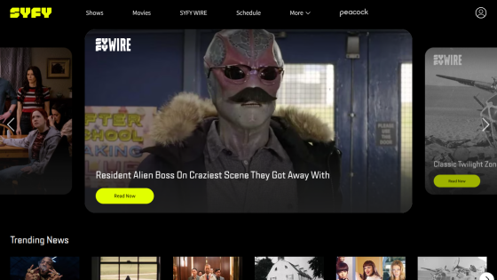 Homepage of Syfy featuring a highlighted show with a character in a mask and mustache.