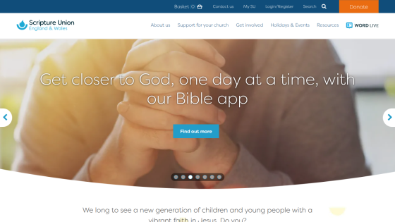 Scripture Union homepage with navigation and hero promoting a Bible app to get closer to God