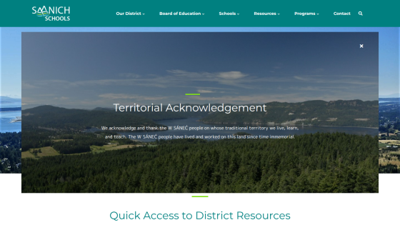 Territorial Acknowledgement statement with scenic background and resource access link.