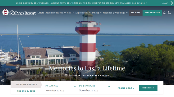 Resort website header with navigation and a lighthouse by the sea, headline 'Memories to Last a Lifetime'