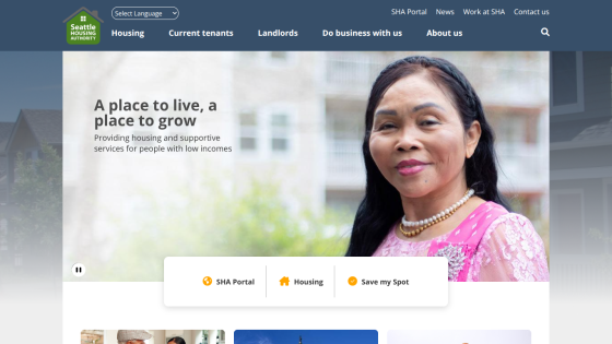 Seattle Housing Authority homepage offering housing and supportive services for people with low incomes