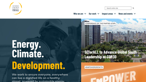 Sustainable Energy for All homepage with focus on energy, climate, and development, highlighting global leadership at COP30