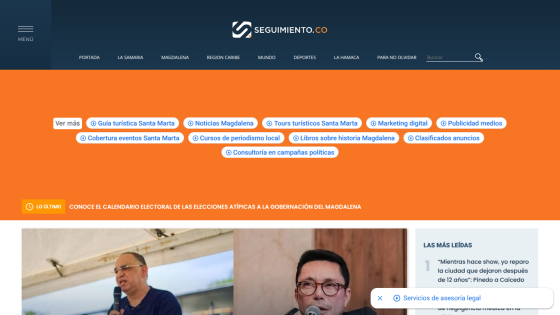 News website Seguimiento.co with navigation menu, latest election calendar announcement, and top news stories with images.