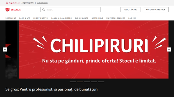 Selgros homepage with navigation, search bar, and a red hero banner promoting limited stock offer