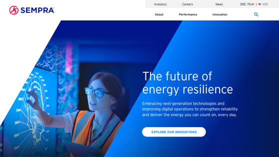Homepage of Sempra showcasing energy resilience with a woman interacting with technology.