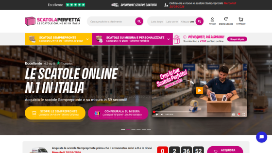 Homepage promoting online box sales in Italy with a featured video and call-to-action buttons.