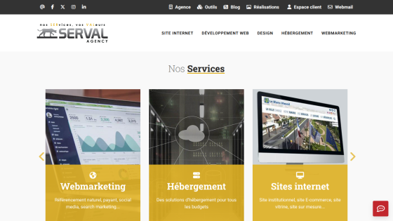 Serval Agency website showing services including Développement, Webmarketing, and Hébergement with descriptions