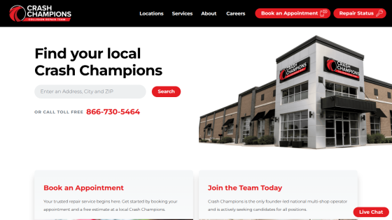 Crash Champions collision repair homepage with location search, contact number, appointment booking, and career info