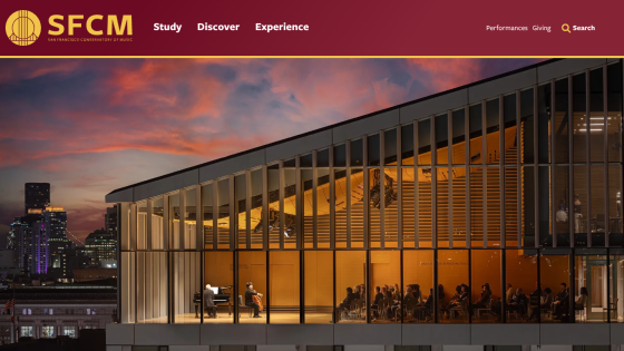 San Francisco Conservatory of Music website with navigation and a concert performance in a glass building at sunset